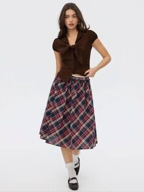 Cider Cotton Below Knee Plaid Skirt Medium Small